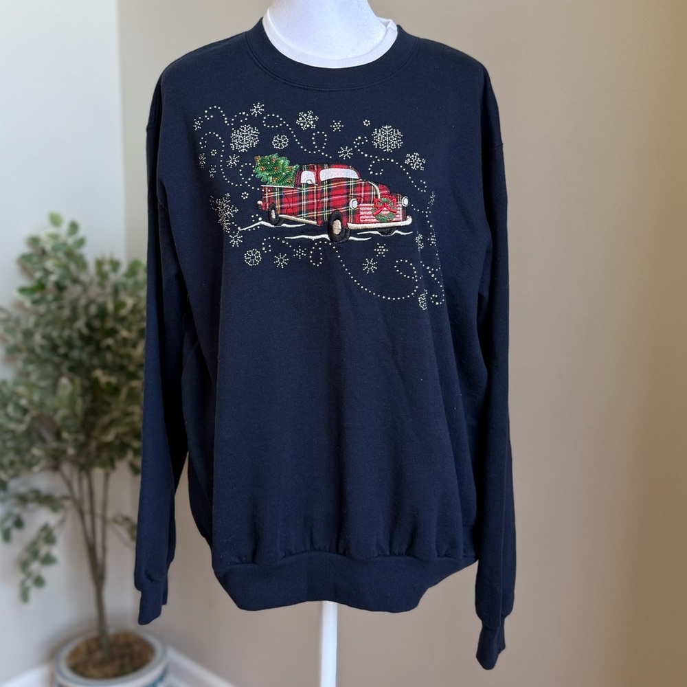 Morning Sun Double Collar Embroidered/Embellished Christmas Truck Sweatshirt